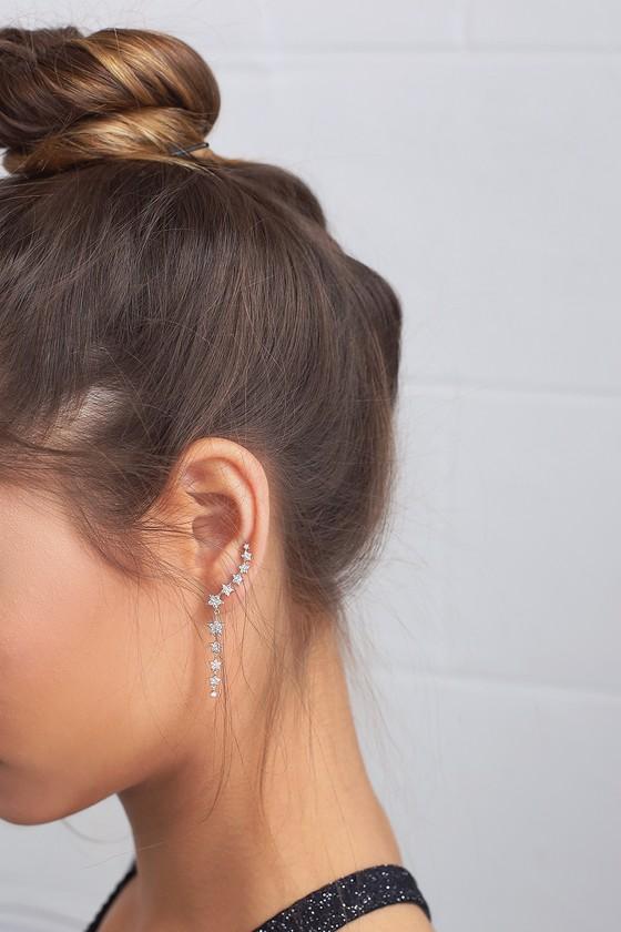Shashi | Shooting Star Silver Rhinestone Star Earrings | Lulus
