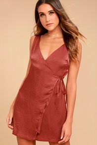 Lulus Enigmatic Rust Red Satin Wrap Dress