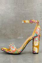 Bamboo Veda Yellow Brocade Ankle Strap Heels