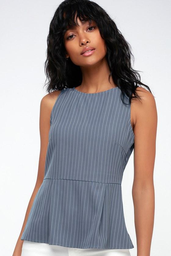 Pep Talk Slate Blue Striped Peplum Top | Lulus