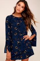 Lulus | Pleasant Valley Navy Blue Floral Print Long Sleeve Shift Dress | Size Medium | 100% Polyester