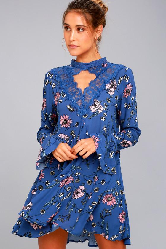 Lulus | New You Royal Blue Floral Print Lace Long Sleeve Swing Dress | Size Large | 100% Cotton