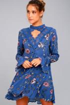 Lulus | New You Royal Blue Floral Print Lace Long Sleeve Swing Dress | Size Large | 100% Cotton