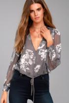 Astr The Label Astr The Label Tiffany Taupe Floral Print Long Sleeve Crop Top | Size Large | Purple | 100% Polyester | Lulus