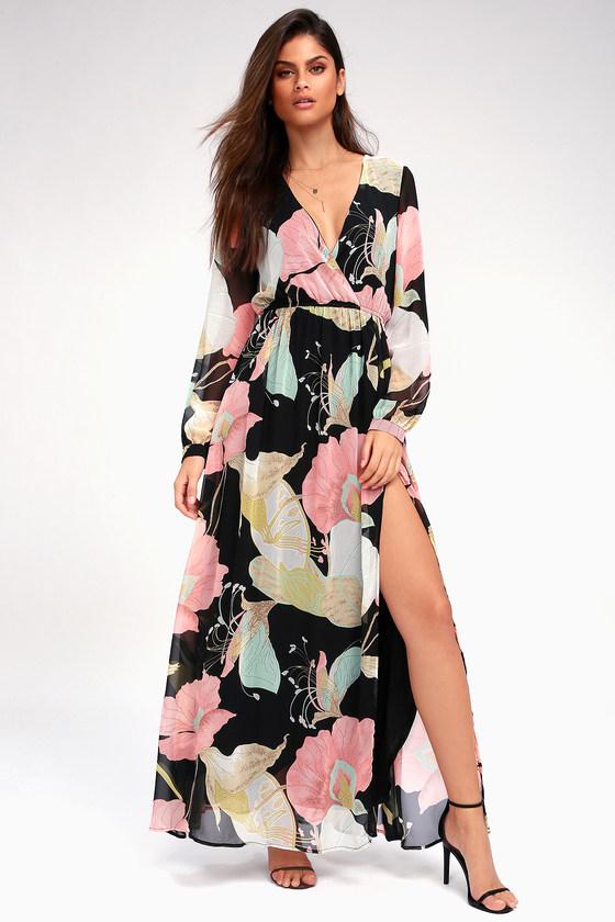 Wondrous Water Lilies Black Floral Print Maxi Dress | Lulus