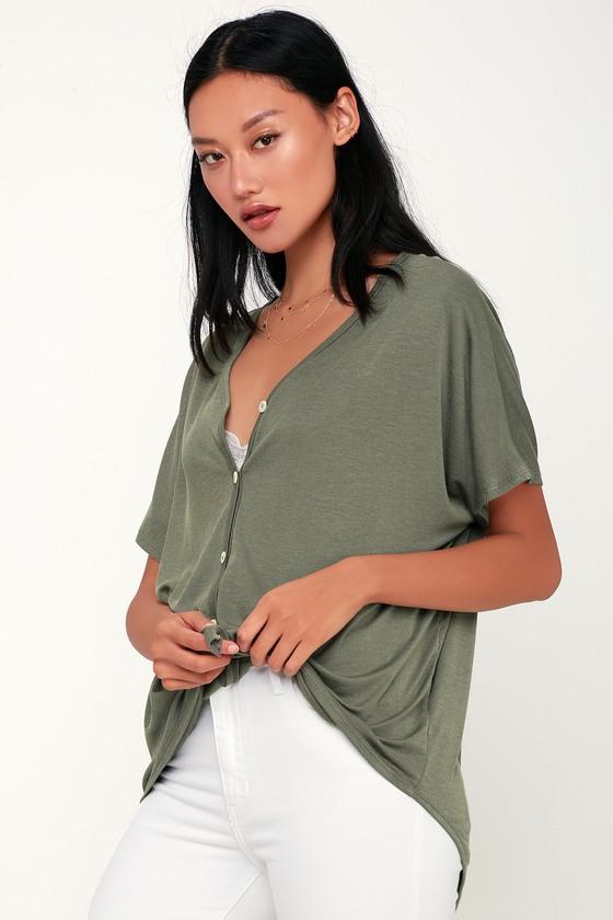 Meg Washed Olive Green Ribbed Button-up Oversized Top | Lulus