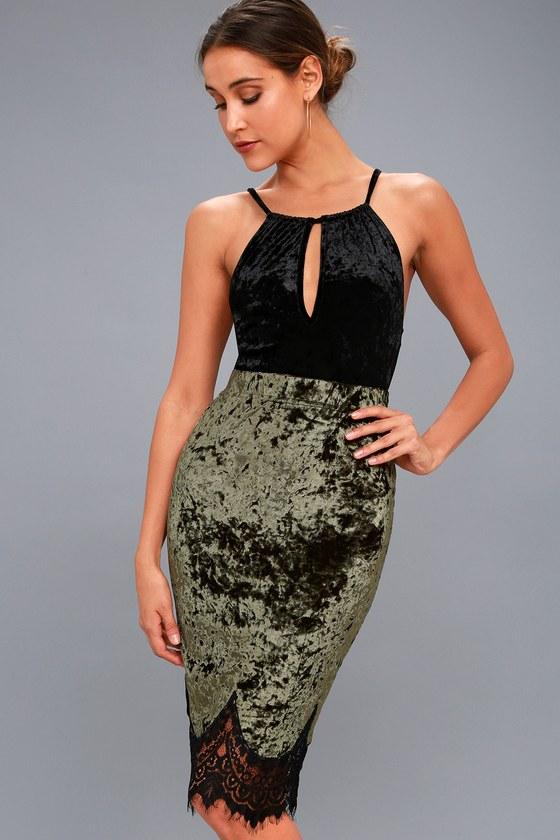 The Room | Luciano Olive Green Velvet Lace Hem Midi Skirt | Size Large | 100% Polyester | Lulus