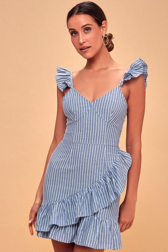 The Fifth Label Parcel Blue And White Striped Ruffle Mini Dress | Lulus