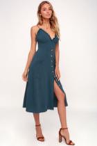Lisbeth Dark Denim Blue Button Front Midi Dress | Lulus