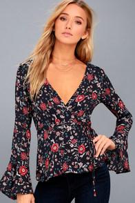 Lulus In A Whisper Navy Blue Floral Print Long Sleeve Wrap Top