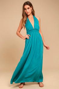 Lulus Unforgettable Night Teal Blue Satin Maxi Dress