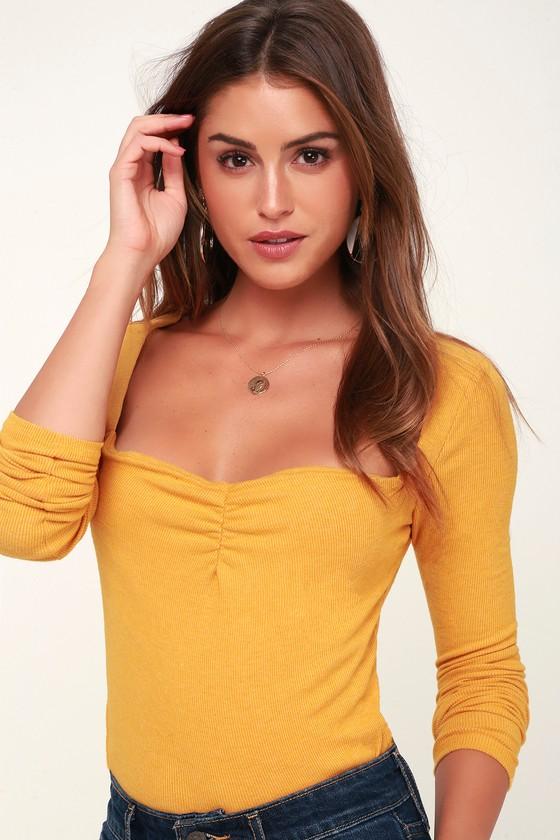 Lulus Basics Airika Mustard Yellow Long Sleeve Ribbed Crop Top | Lulus