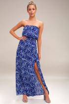Granada Royal Blue Leaf Print Strapless Maxi Dress | Lulus