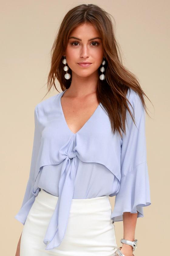 Lush Elmira Light Blue Tie-front Flounce Sleeve Top | Lulus