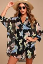 Lulus In The Tropics Sheer Black Tropical Print Shirt Dress