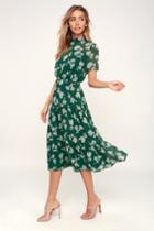 Floral Dressed Up Dark Green Floral Print Midi Dress | Lulus