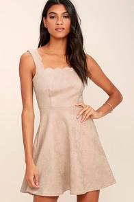 Lulus Atta Twirl Beige Suede Skater Dress