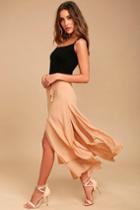 Lulus | Breeze Away Beige Midi Skirt | Size Medium | 100% Polyester