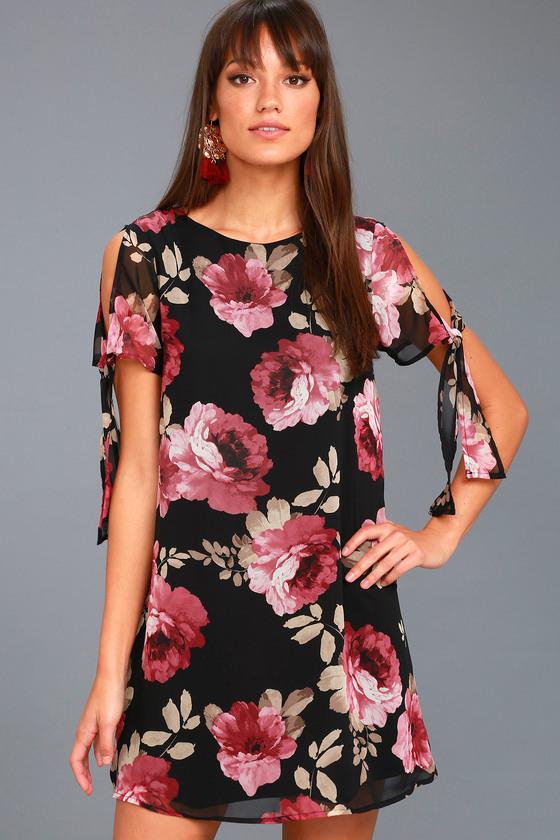 Lulus | Everything For You Black Floral Print Shift Dress | Size Medium | 100% Polyester