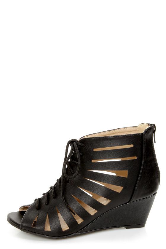 Vida 1 Black Cutout Lace-up Wedge Booties
