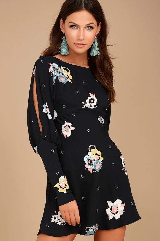 Free People | Sunshadows Washed Black Floral Print Mini Dress | Size 2 | 100% Rayon | Lulus