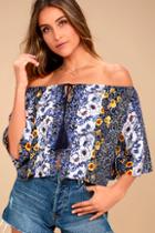 Lulus Be In Bloom Navy Blue Floral Print Off-the-shoulder Top
