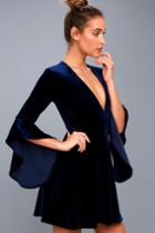 Lulus | Wrapped In Luxe Navy Blue Velvet Bell Sleeve Skater Dress | Size Large | 100% Polyester