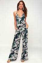 On The Road Florence Forest Green Tropical Print Wide-leg Jumpsuit | Lulus