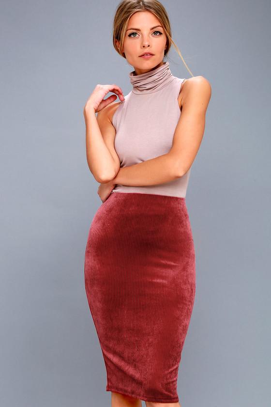 Shonda Burgundy Corduroy Bodycon Midi Skirt | Lulus