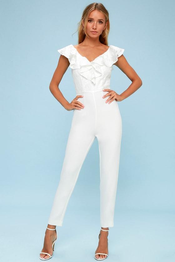 Keepsake Radar Ivory Lace Ruffled Jumpsuit | Lulus