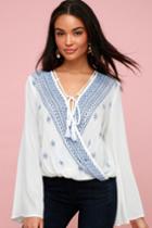 Coastline Cruising Blue And White Embroidered Bell Sleeve Top | Lulus