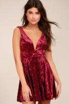 Lulus | This Night Burgundy Velvet Backless Skater Dress | Size Small | Red | 100% Polyester