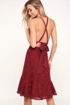 Love Like You Mean It Wine Red Backless Lace Midi Dress | Lulus