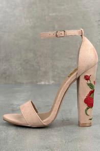 Fahrenheit Adela Nude Suede Embroidered Ankle Strap Heels