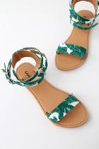 Qupid Seaview Green And White Tropical Print Ankle Strap Flat Sandal Heels | Lulus