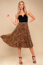 Others Follow | Roxie Leopard Print Pleated Midi Skirt | Size Large | Brown | 100% Polyester | Lulus