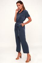Jacintha Navy Blue Satin Short Sleeve Jumpsuit | Lulus