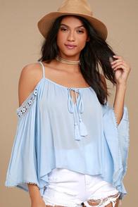 Lulus I Feel It Light Blue Lace Off-the-shoulder Top