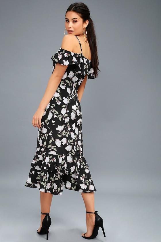 J.o.a. Eugenia Black Floral Print Off-the-shoulder Midi Dress | Lulus