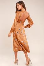 Astr The Label Astr The Label Jewel Light Brown Floral Print Midi Dress | Size Large | 100% Polyester | Lulus