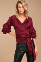 Lulus | I Wanna Know Burgundy Satin Wrap Top | Size Medium | Red | 100% Polyester