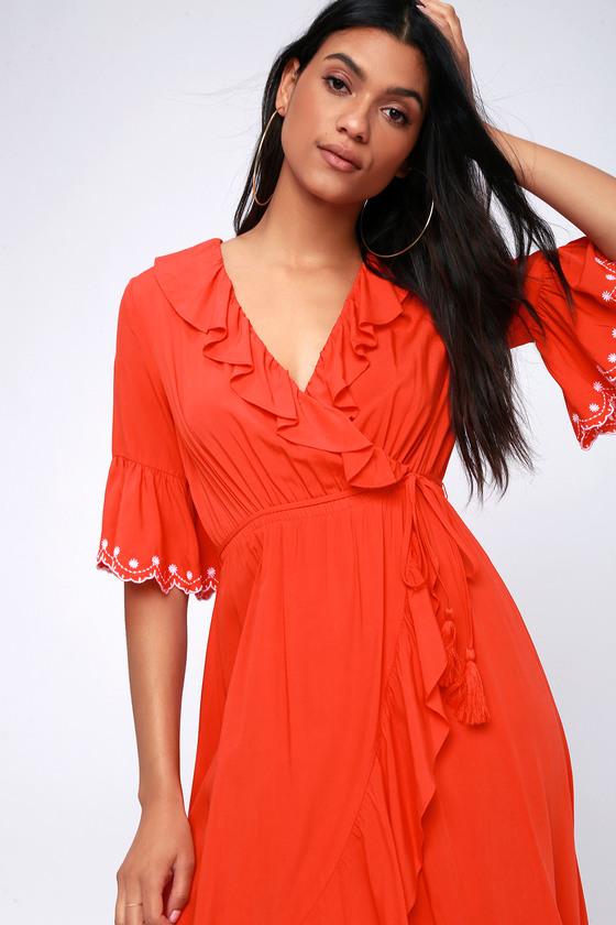Moon River Giardini Coral Red Embroidered Wrap Midi Dress | Lulus