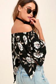 Lulus Light Of Dawn Black Floral Print Off-the-shoulder Top