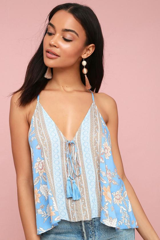 Chasing Hearts Light Tan And Light Blue Floral Print Tank Top | Lulus