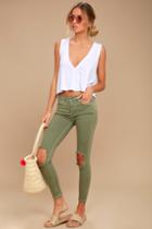 Free People High Rise Busted Olive Green Distressed Skinny Jeans | Lulus