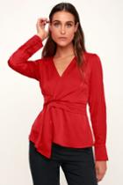 Lucie Red Satin Knotted Front Top | Lulus