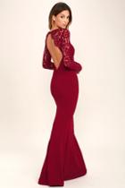 Lulus Whenever You Call Wine Red Lace Maxi Dress