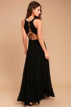 Lulus | Super Starlet Black Lace-up Maxi Dress | Size X-large | 100% Polyester