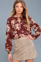 On The Road | Nolan Sheer Burgundy Floral Print Long Sleeve Top | Size X-small | Red | 100% Polyester | Lulus