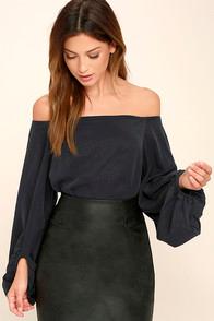 Do & Be Prevail Washed Navy Blue Off-the-shoulder Top